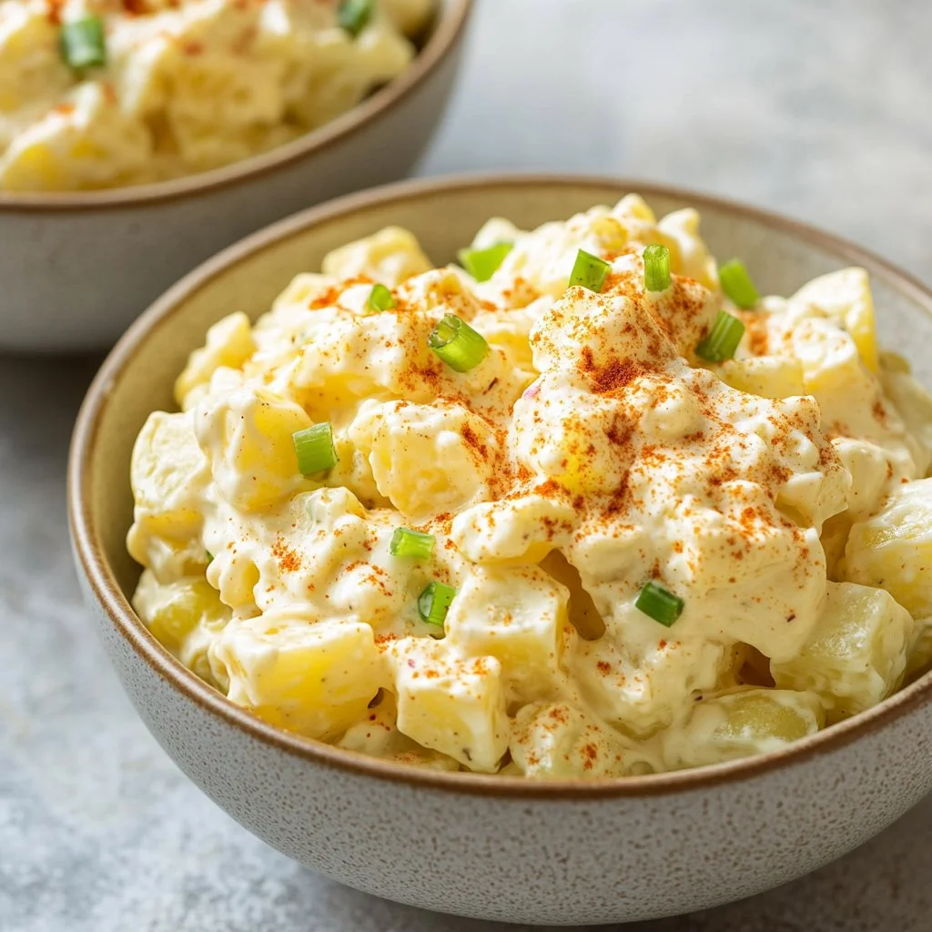 Bowl of classic potato salad with eggs and herbs, a tasty side dish