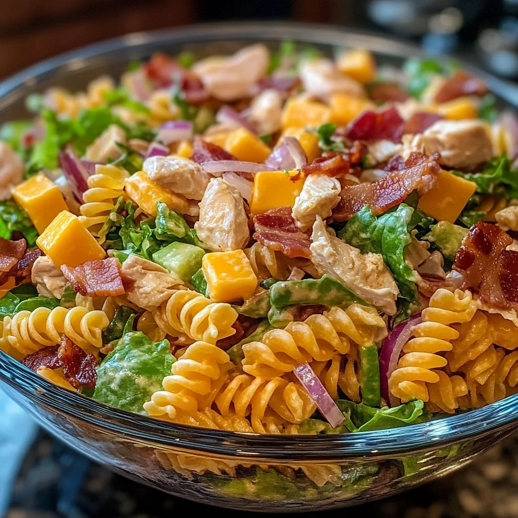 A colorful bowl of Club Sandwich Pasta Salad with fresh ingredients