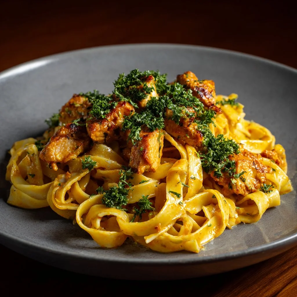 Delicious Cowboy Butter Chicken Pasta served in a bowl, rich in flavor and color.