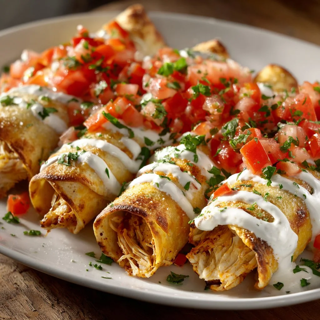 Plate of crispy cream cheese chicken taquitos garnished with cilantro and salsa