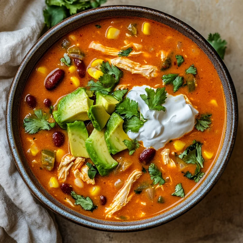 Bowl of creamy chicken enchilada soup garnished with cilantro and lime.