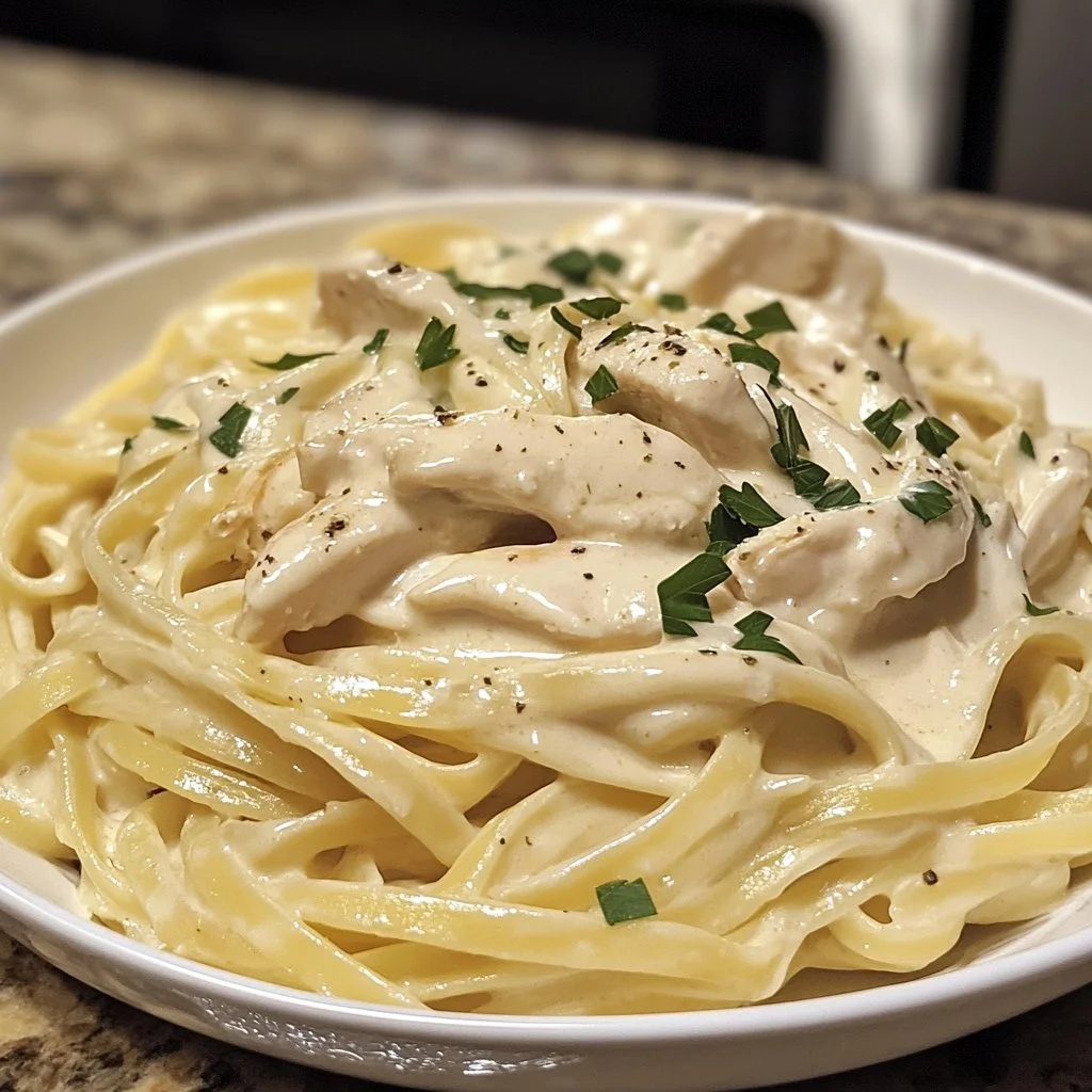 Creamy Chicken Fettuccine Alfredo served on a plate with fresh parsley garnish