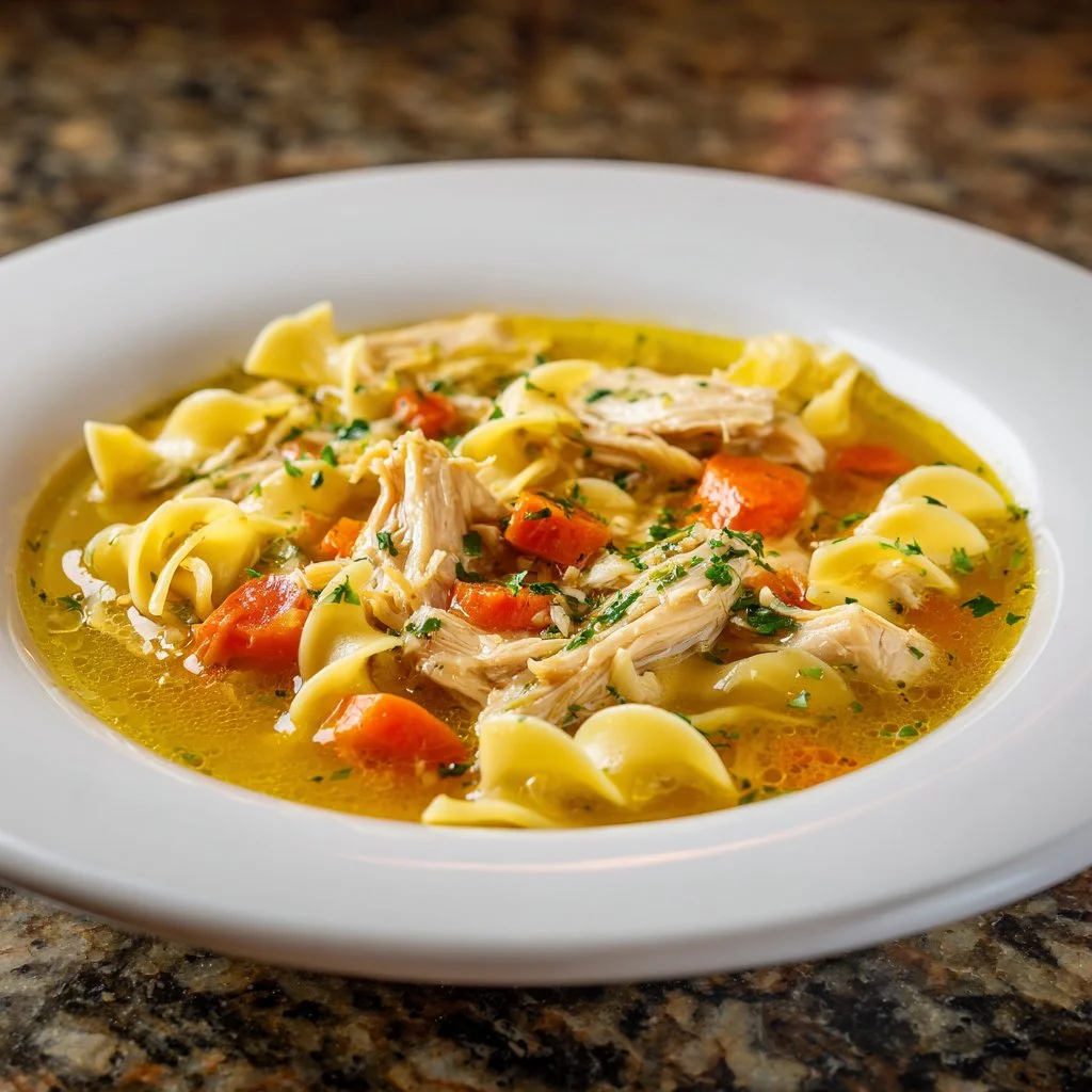 Bowl of creamy chicken noodle soup with fresh herbs and vegetables