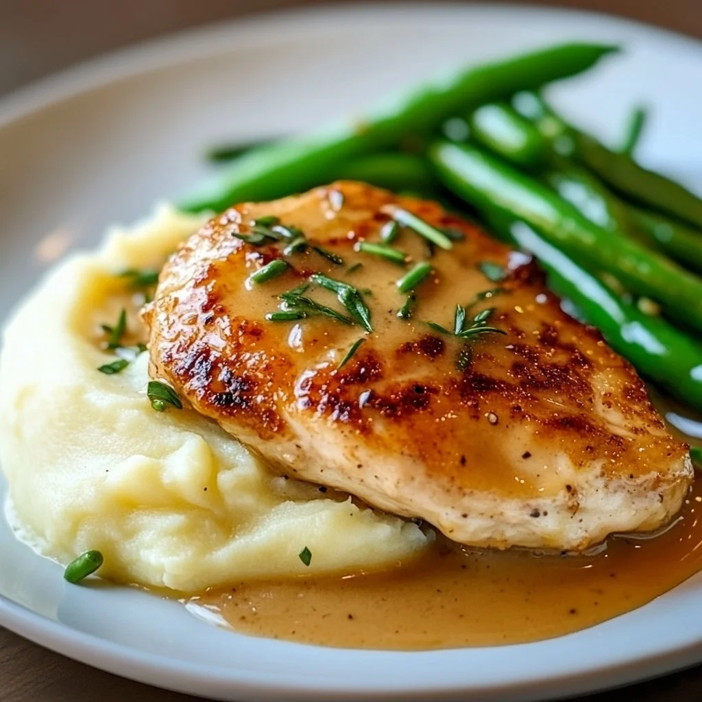 Creamy chicken schnitzel with sauce served on a plate, garnished with herbs.