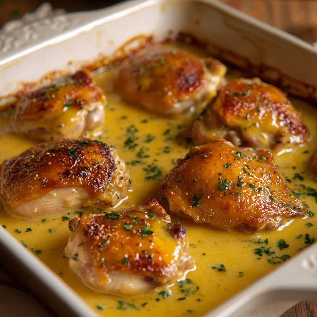 Creamy oven baked chicken thighs served with herbs and spices
