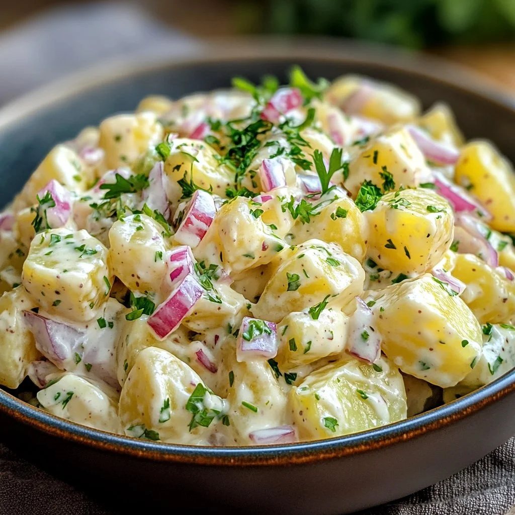 Creamy potato salad in a bowl garnished with herbs and spices