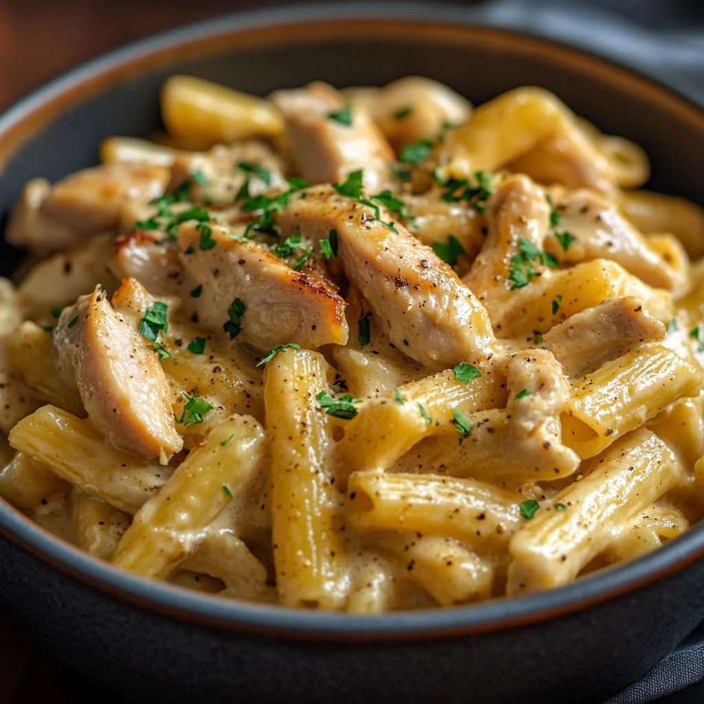 Creamy rotisserie chicken pasta with herbs and spices in a bowl
