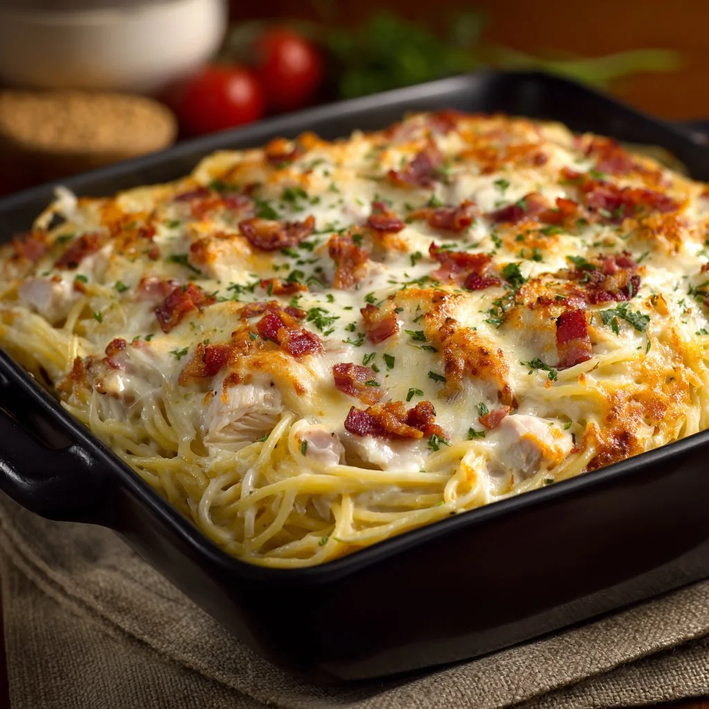 Creamy Southern spaghetti bake topped with melted cheese and herbs