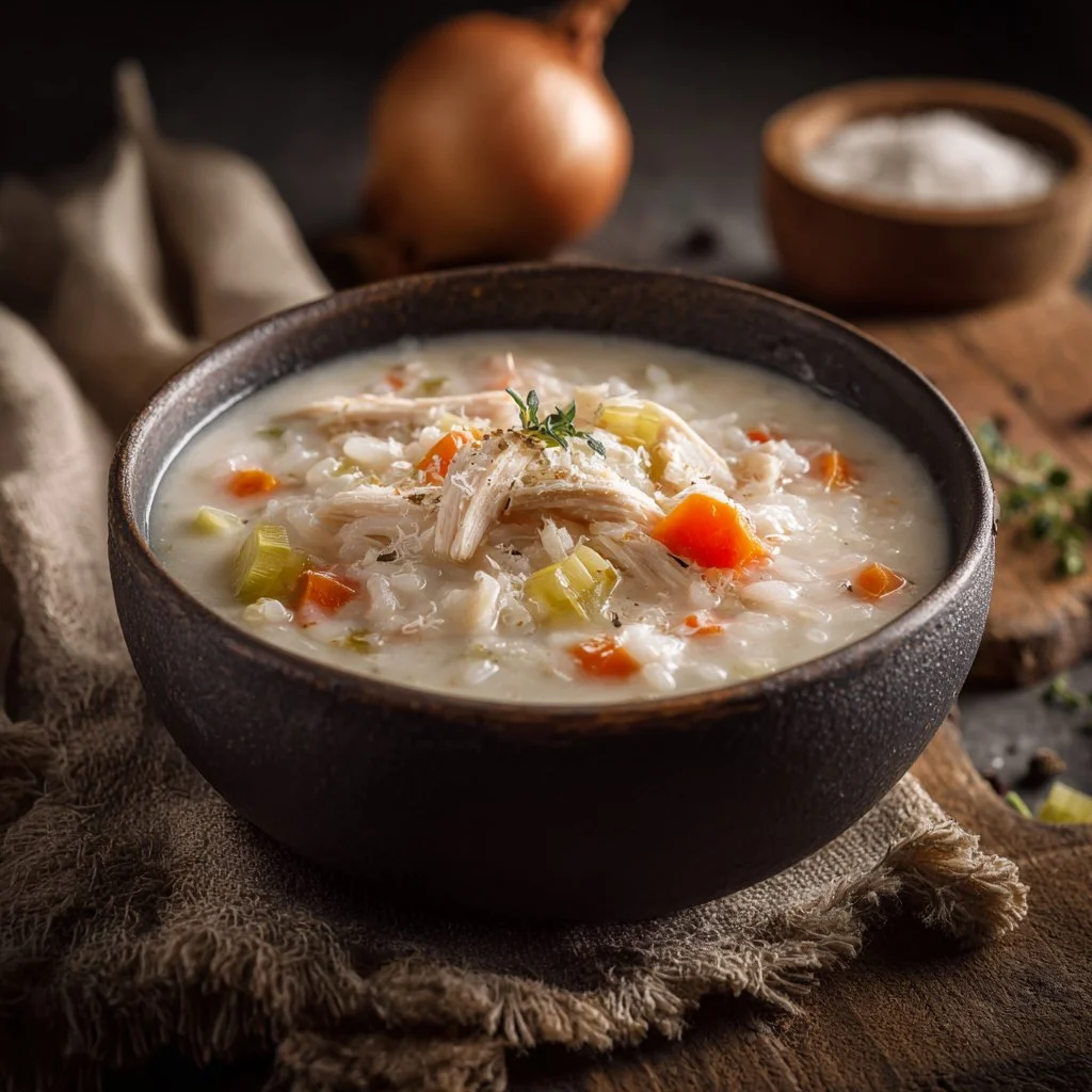 Creamy White Chicken and Rice Soup in a bowl with herbs garnish