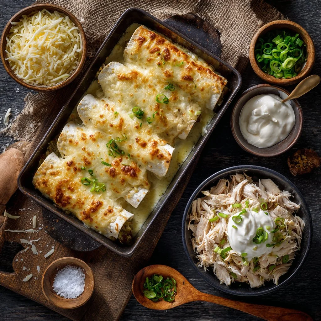 Creamy white chicken enchiladas served on a plate with toppings