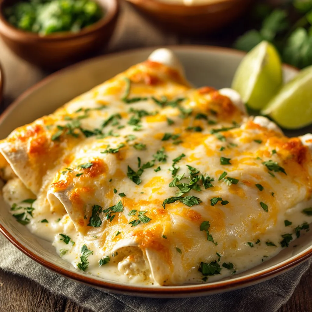 Delicious creamy white chicken enchiladas topped with cheese and herbs.