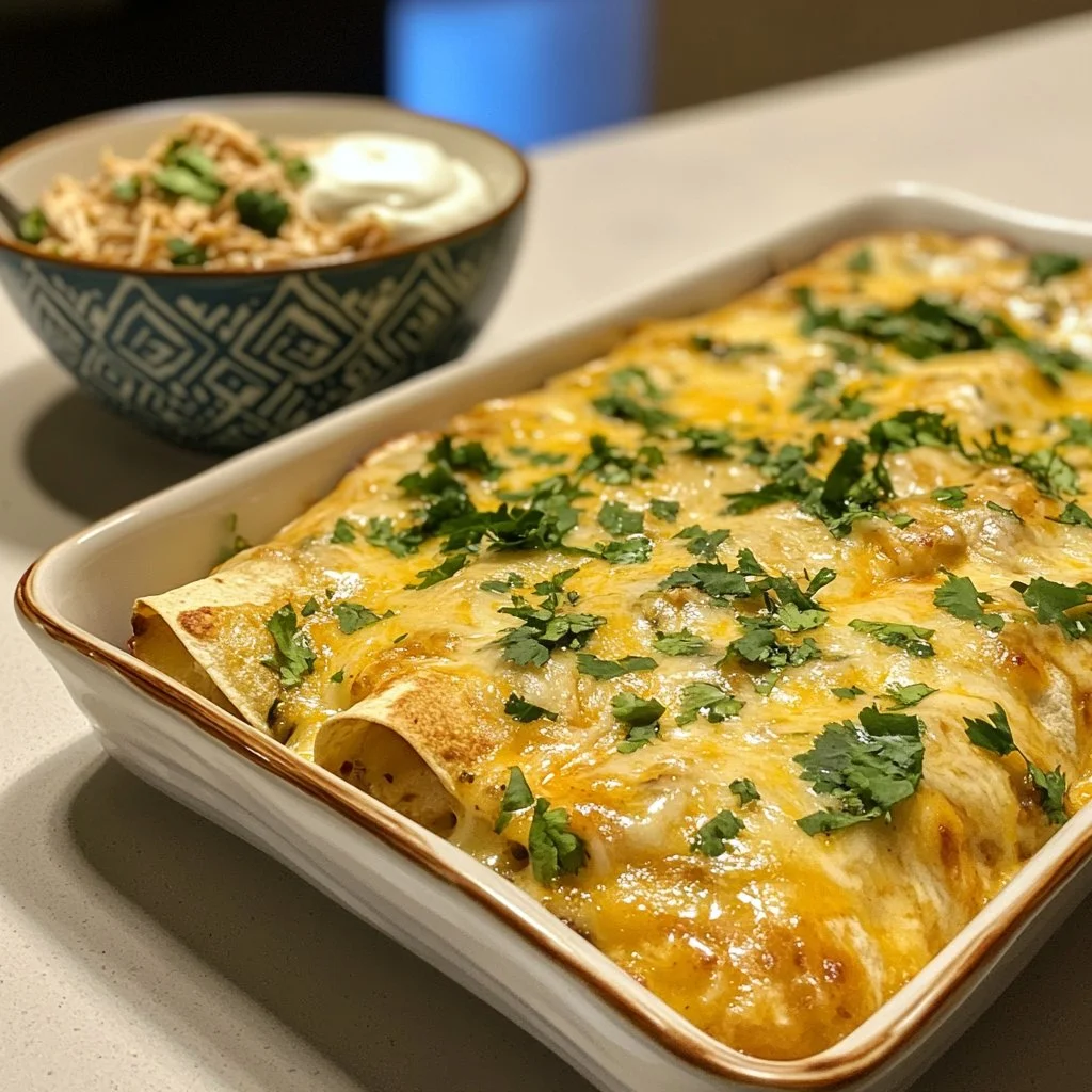 Creamy white chicken enchiladas topped with cheese and served on a plate.