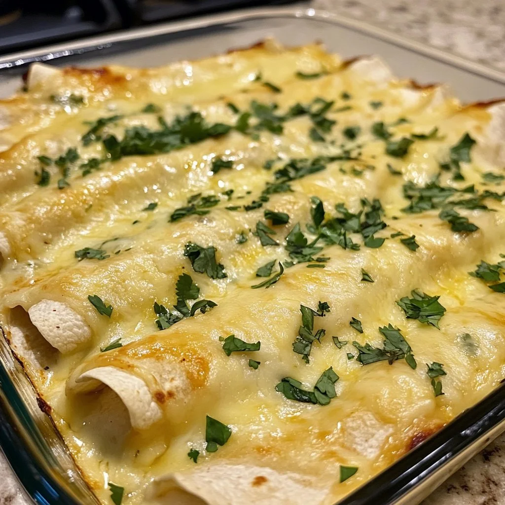 Creamy white chicken enchiladas topped with cheese and cilantro