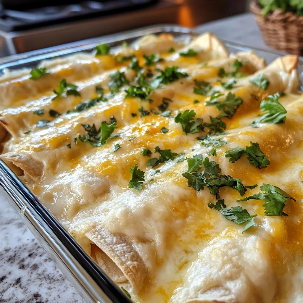Delicious creamy white chicken enchiladas served on a plate with toppings