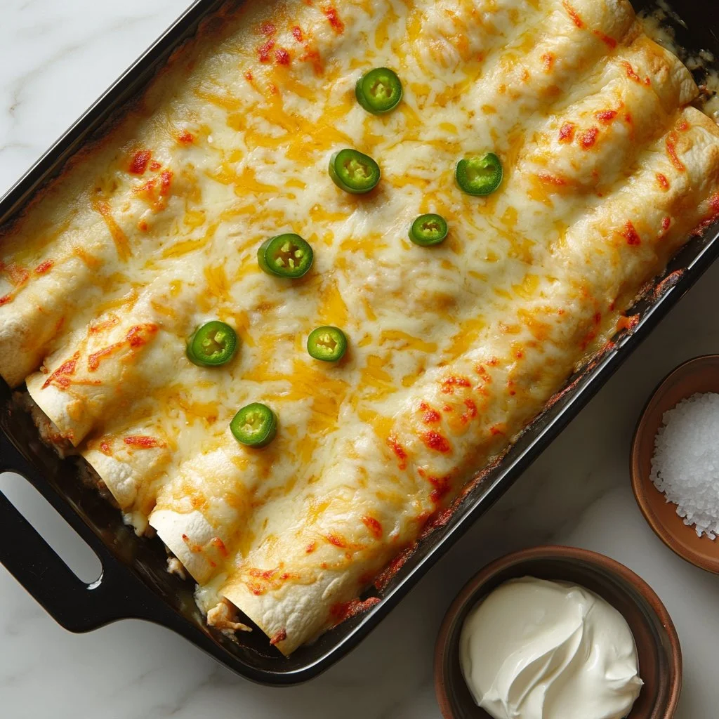Delicious creamy white chicken enchiladas topped with sauce and cheese