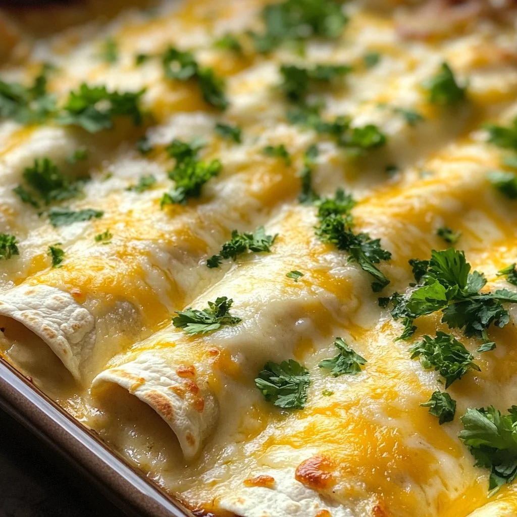 Creamy white chicken enchiladas topped with cheese and garnished with cilantro