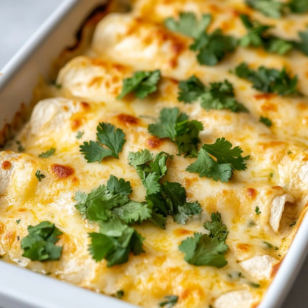 Delicious creamy white chicken enchiladas served on a plate with toppings.