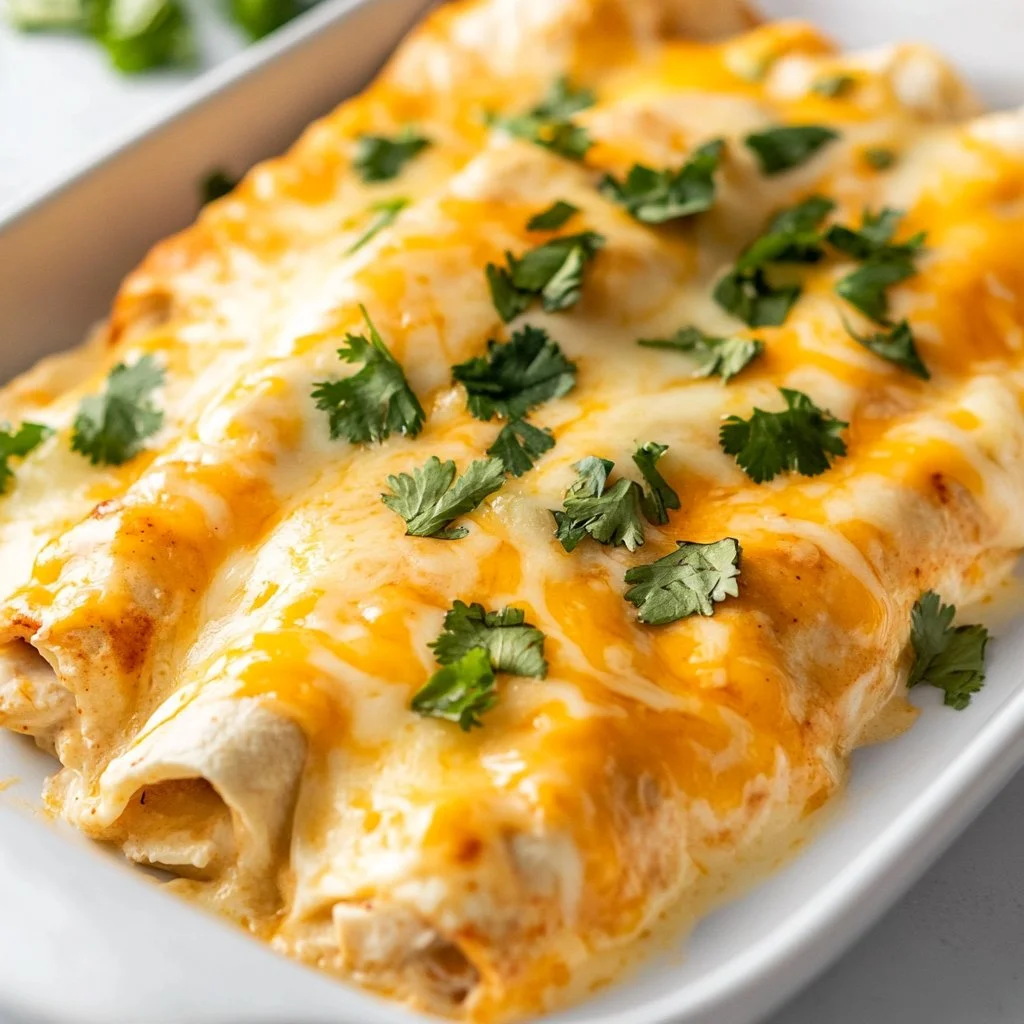 Creamy white chicken enchiladas casserole served in a dish