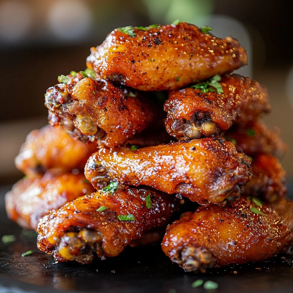 Crispy baked chicken wings served with dipping sauce and garnished with herbs