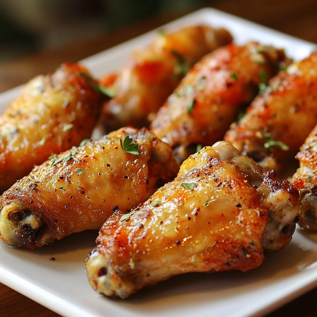 Crispy baked chicken wings served on a plate with dipping sauce