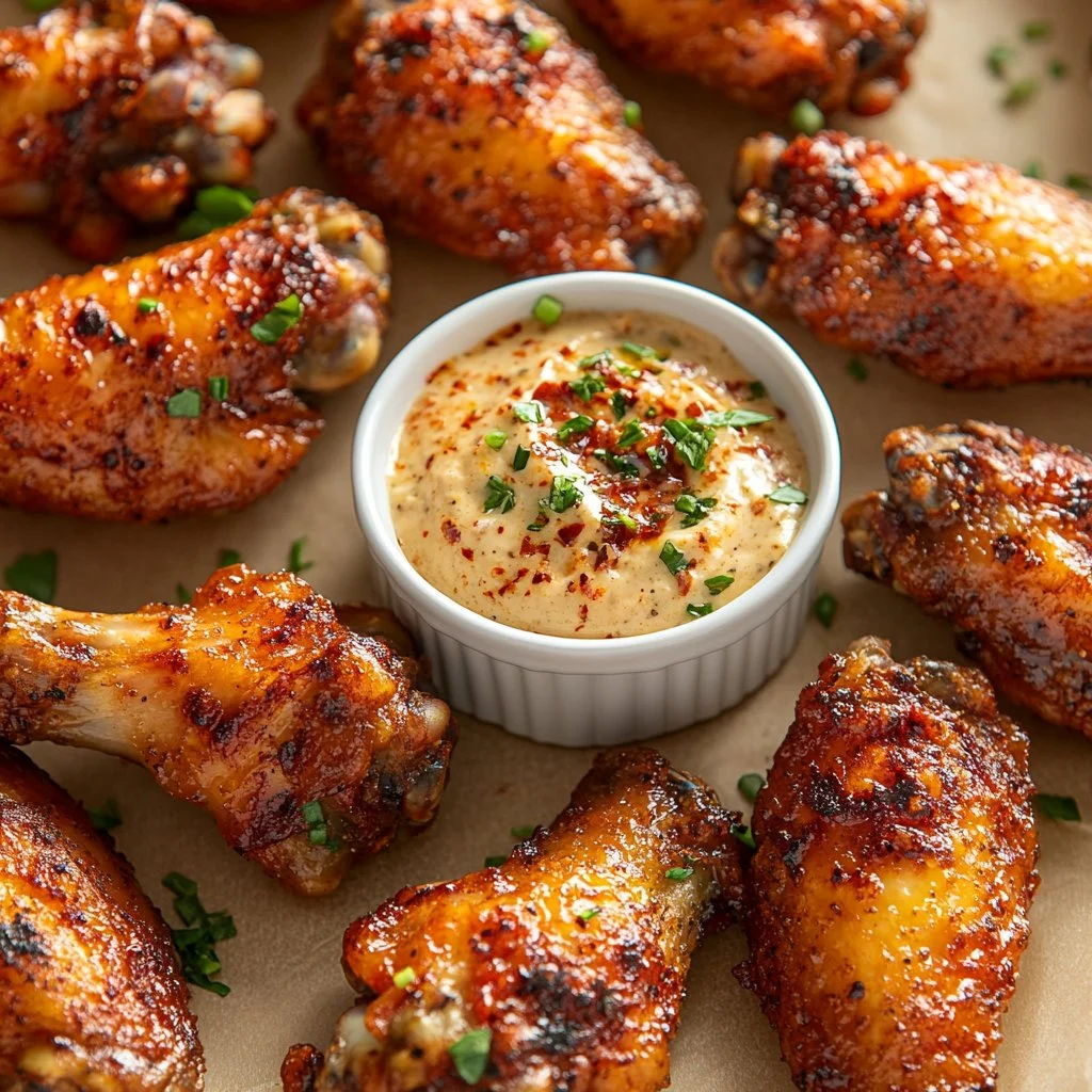 Plate of crispy baked chicken wings with herbs and spices
