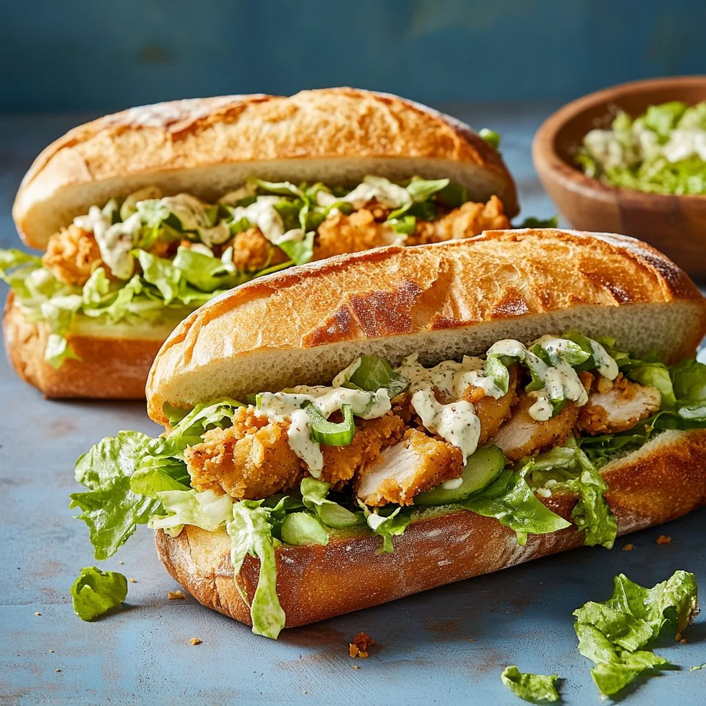 Crispy Chicken Caesar Sandwich with fresh greens and creamy dressing