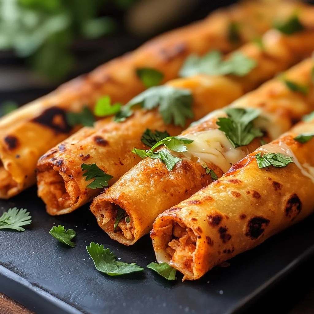 Plate of crispy chicken taquitos served with salsa and guacamole