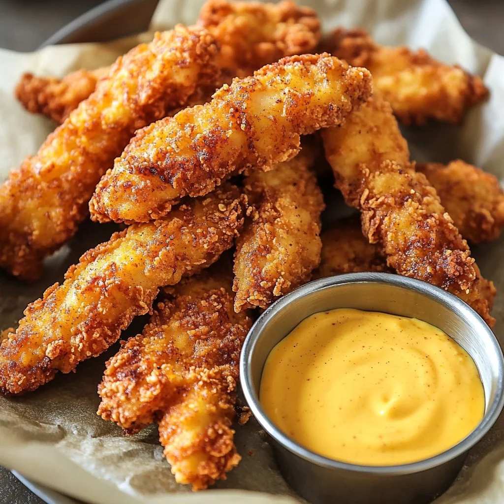 Crispy chicken tenders served with dipping sauce