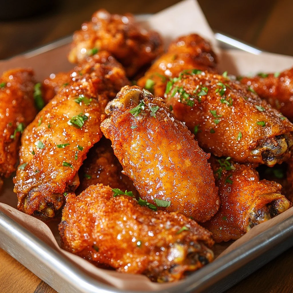 Plate of crispy dry rub chicken wings garnished with herbs