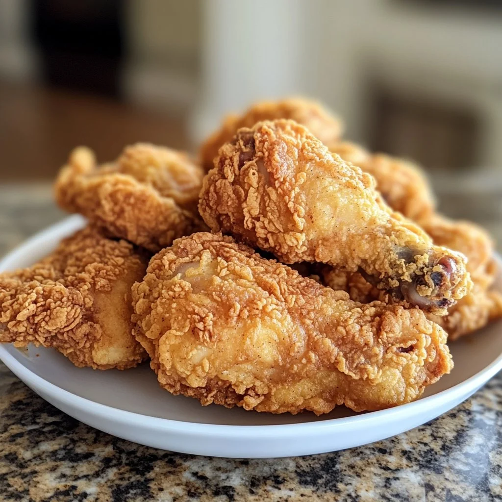 Plate of crispy fried chicken with a golden crust and garnished with herbs.