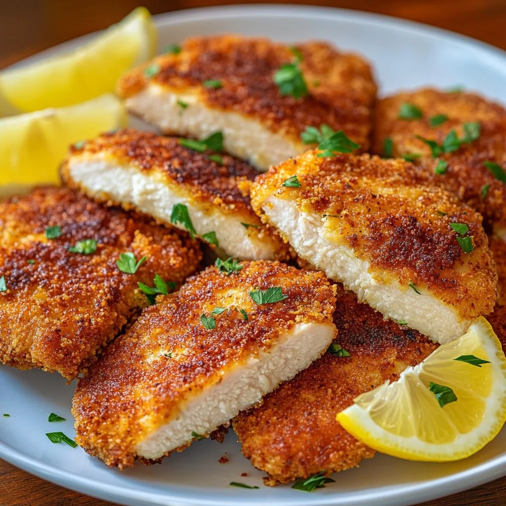 Crispy oven baked chicken cutlets served with a side of vegetables.