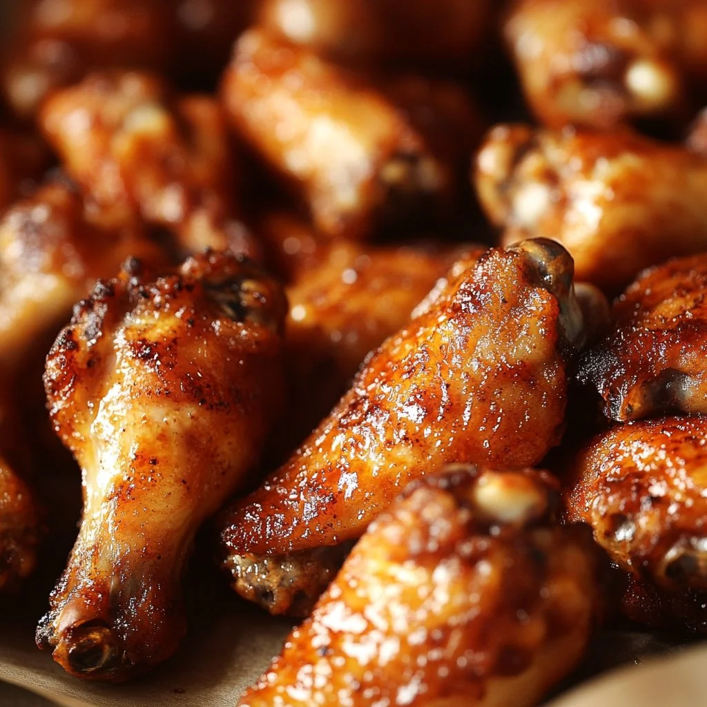Plate of crispy oven baked chicken wings garnished with herbs.