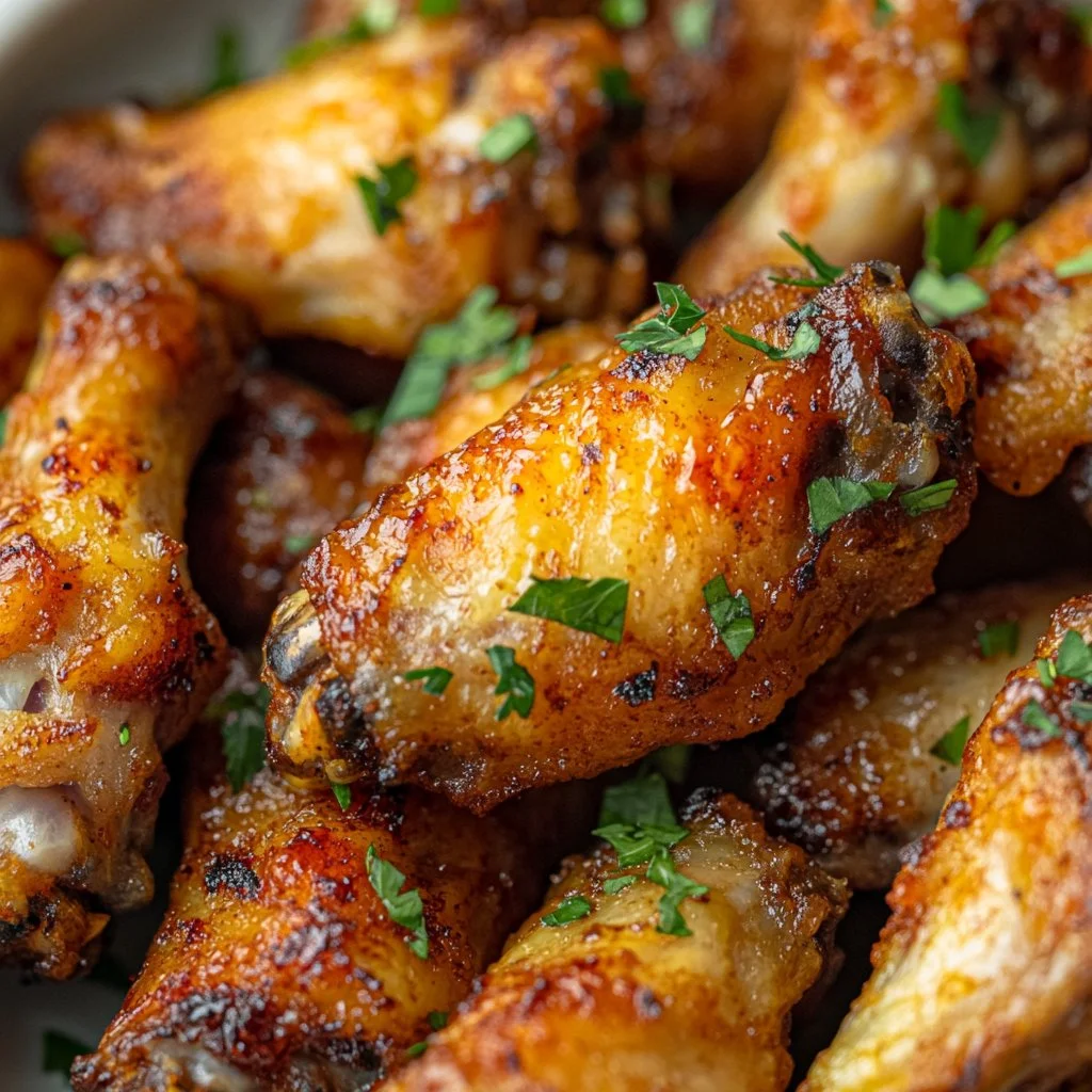 Crispy oven baked chicken wings served on a platter with dipping sauce