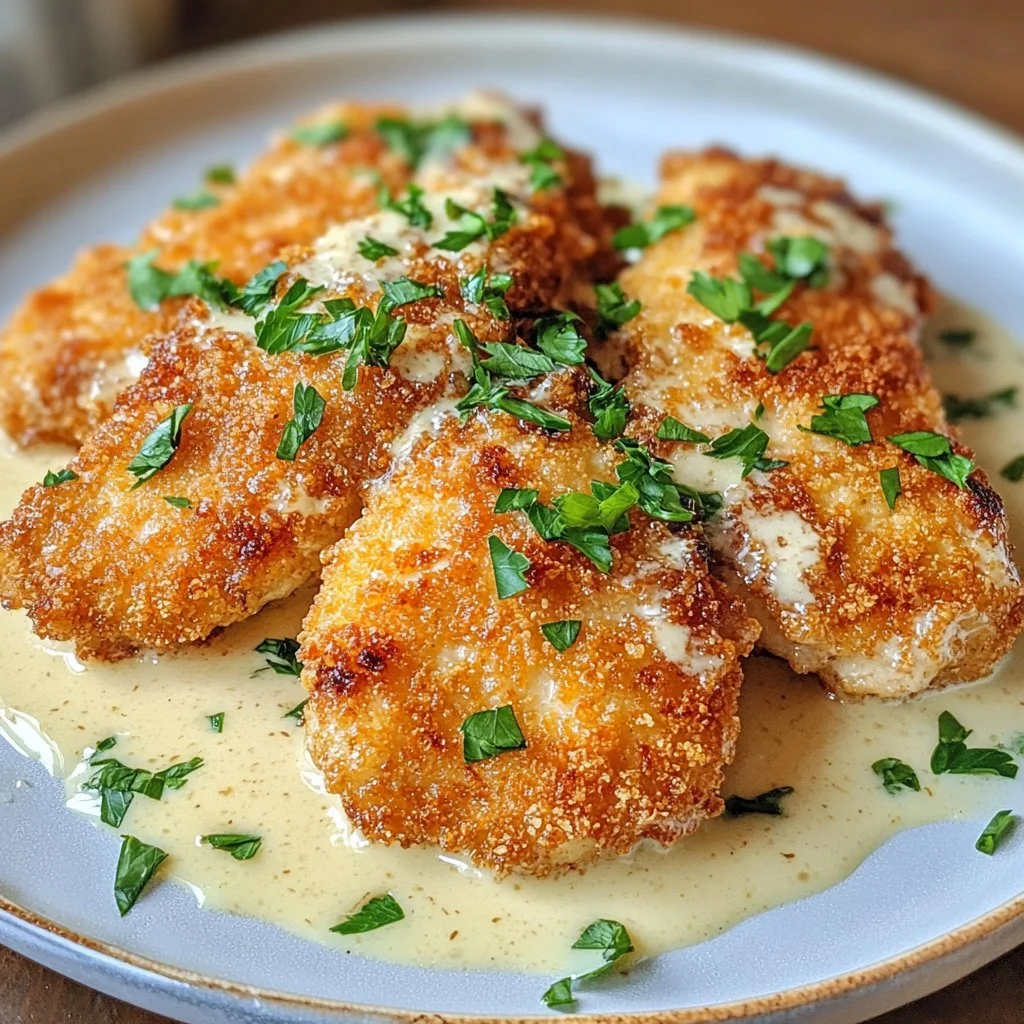 Crispy Parmesan Chicken topped with garlic cream sauce on a white plate