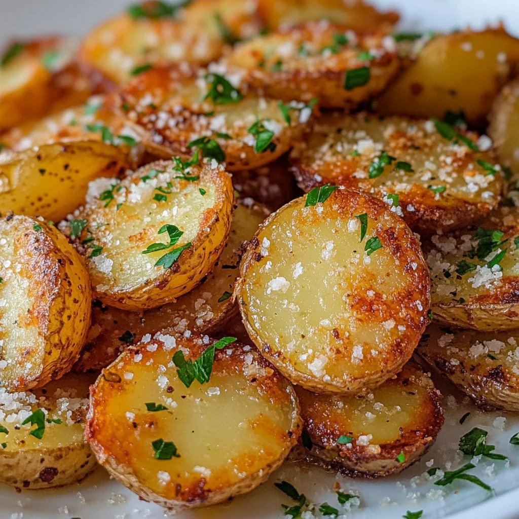 Crispy parmesan potatoes on a plate, garnished with herbs.