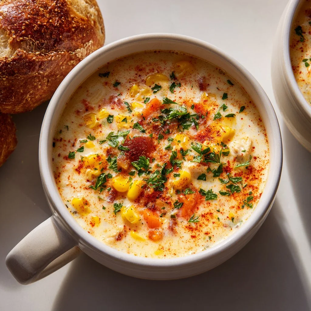 Delicious Crockpot Chicken Corn Chowder in a bowl garnished with herbs.