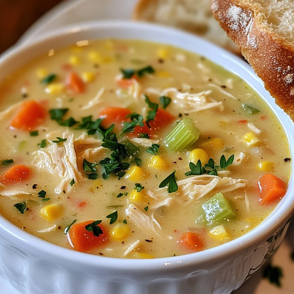 Bowl of delicious Crockpot Chicken Corn Chowder with corn and chicken