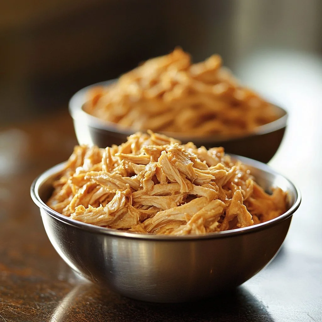 Crockpot shredded chicken served in a bowl with herbs and spices.