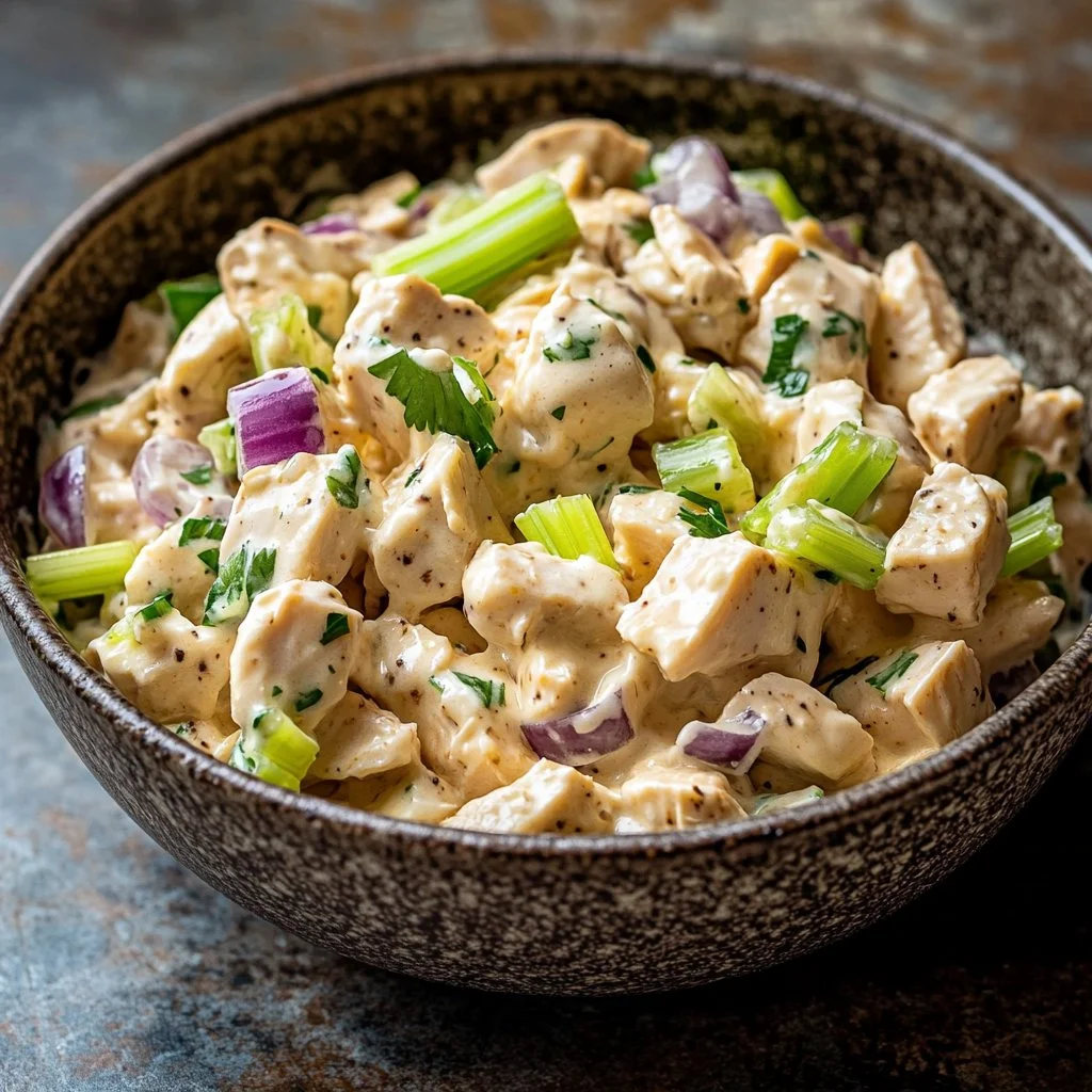 A bowl of deli chicken salad with fresh ingredients and herbs.