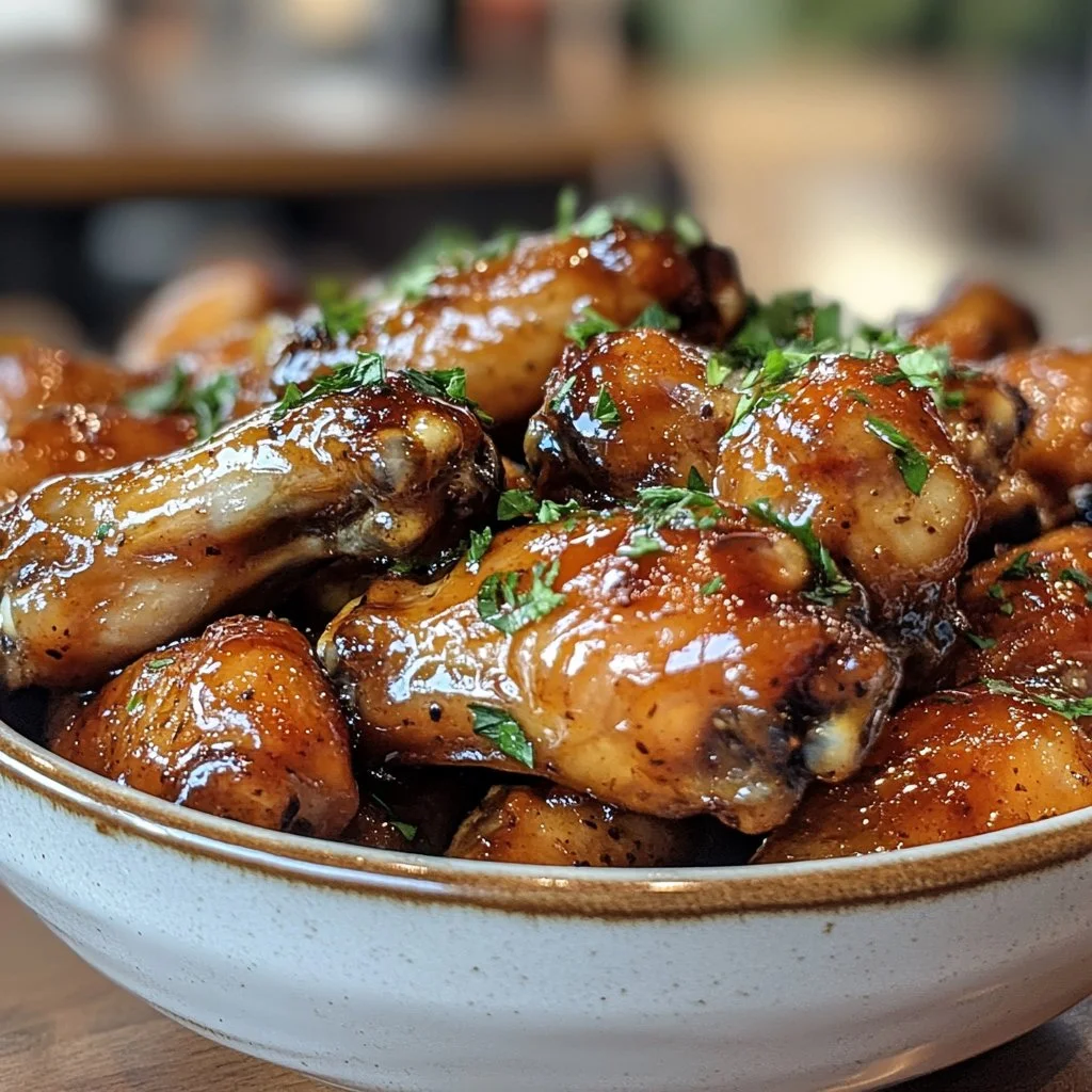 Plate of delicious Honey Garlic Parmesan Wings garnished with herbs