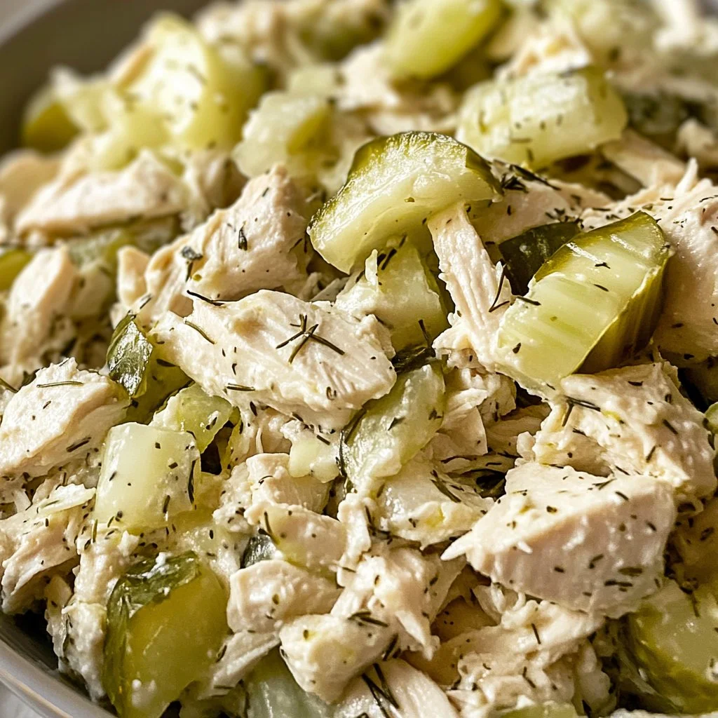 Delicious Dill Pickle Chicken Salad served in a bowl with fresh ingredients