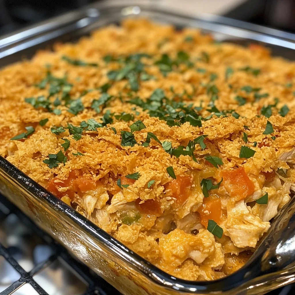 Delicious Doritos Cheesy Chicken Casserole topped with crunchy chips and melted cheese.