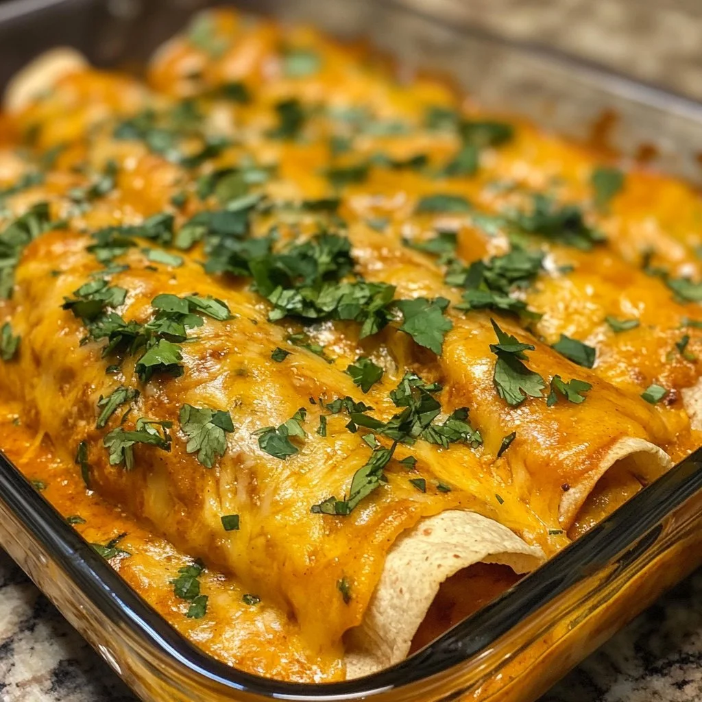 Plate of easy chicken enchiladas topped with cheese and garnished with cilantro.