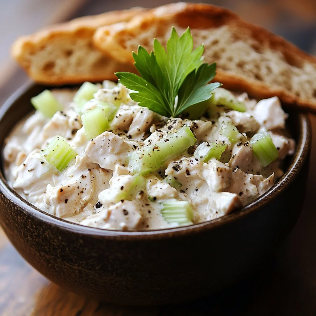 Delicious easy chicken salad served in a bowl with fresh veggies.