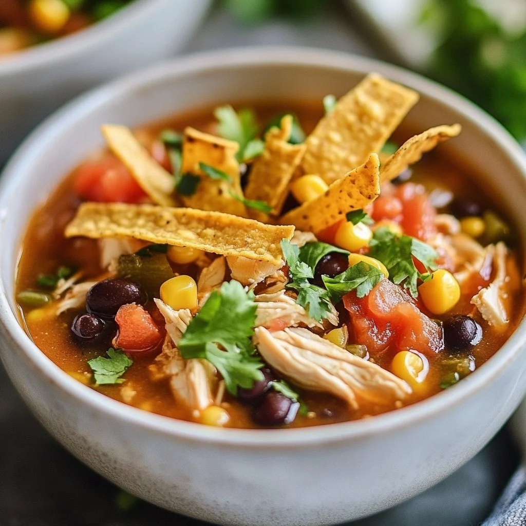 Delicious bowl of easy chicken taco soup topped with avocado and cilantro.