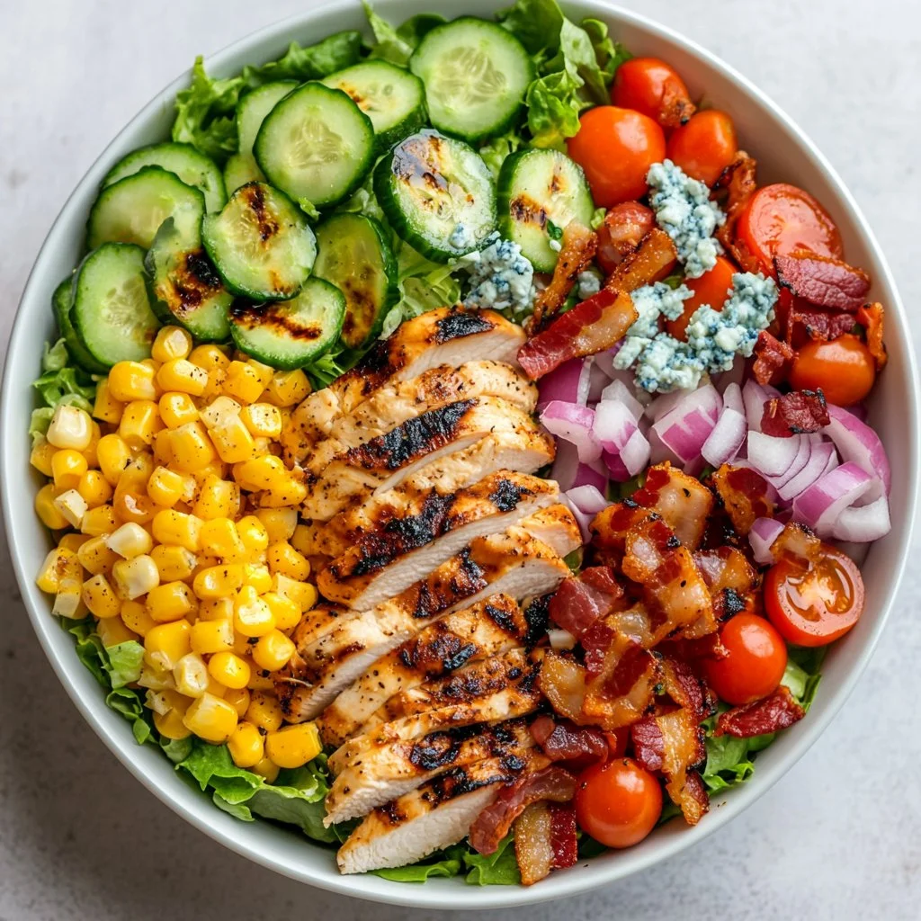 Easy grilled chicken salad with mixed greens and vibrant vegetables