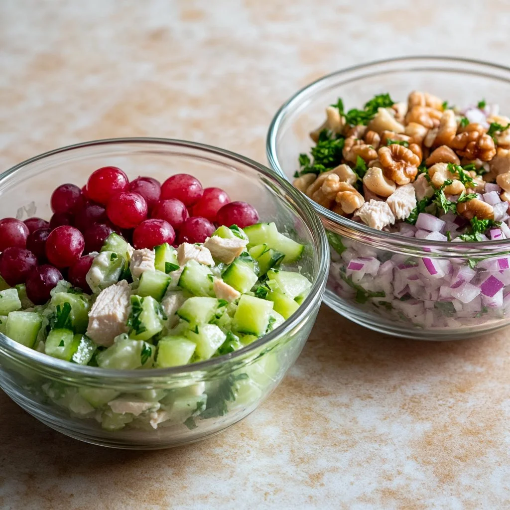 Delicious and healthy chicken salad served in a bowl