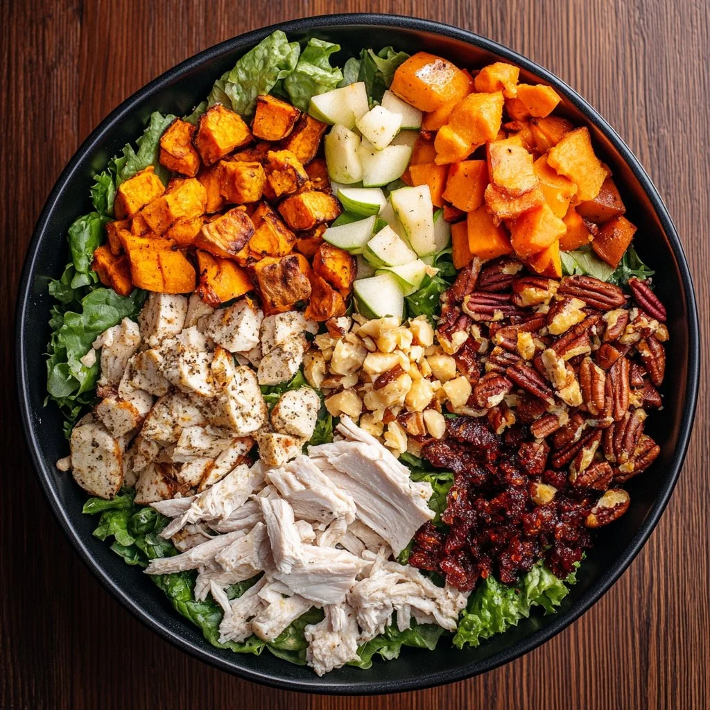 Healthy Fall Harvest Salad with seasonal fruits, nuts, and greens