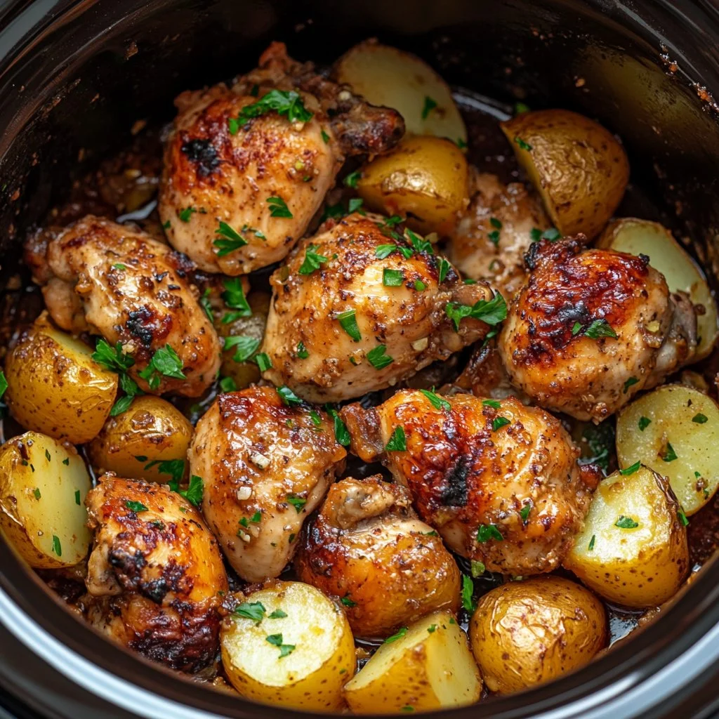 Delicious Garlic Parmesan Chicken served with potatoes in a crockpot dish.