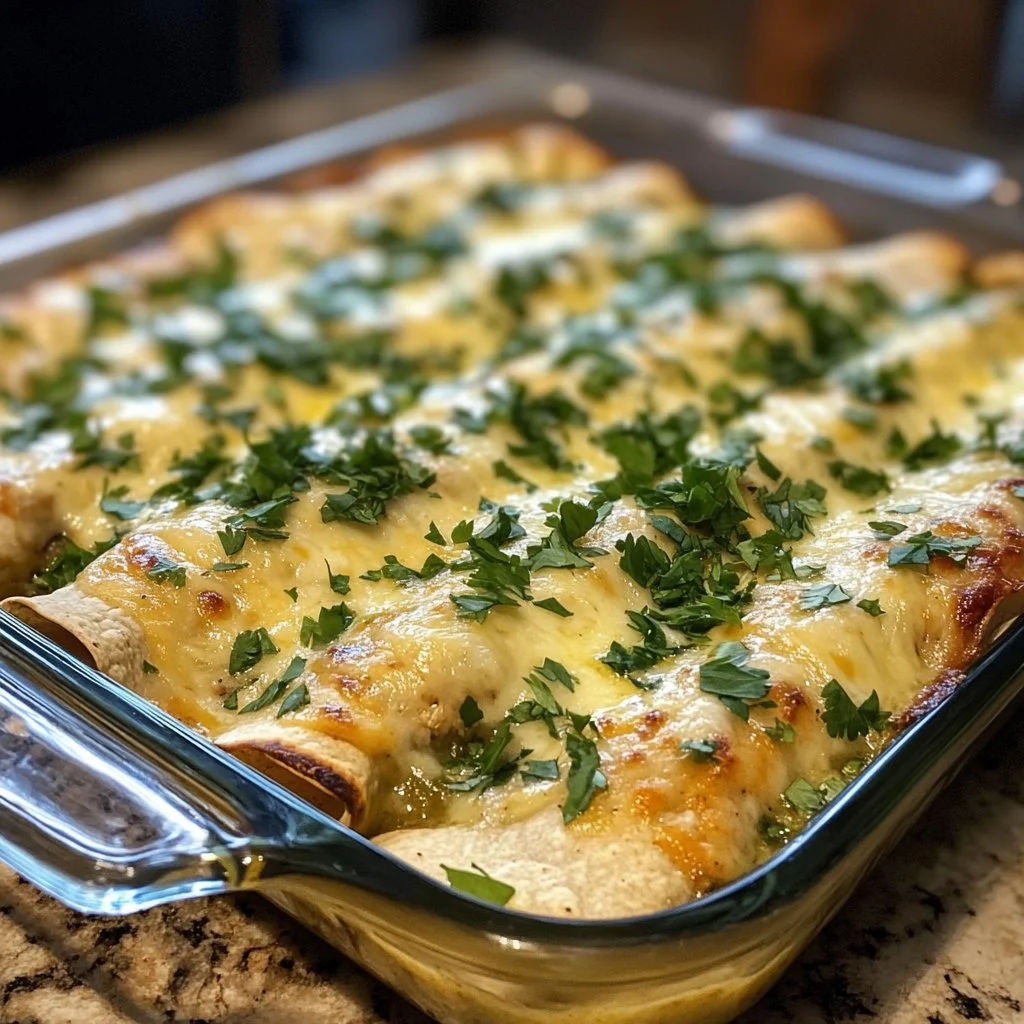 Delicious green chicken enchiladas topped with fresh cilantro and cheese